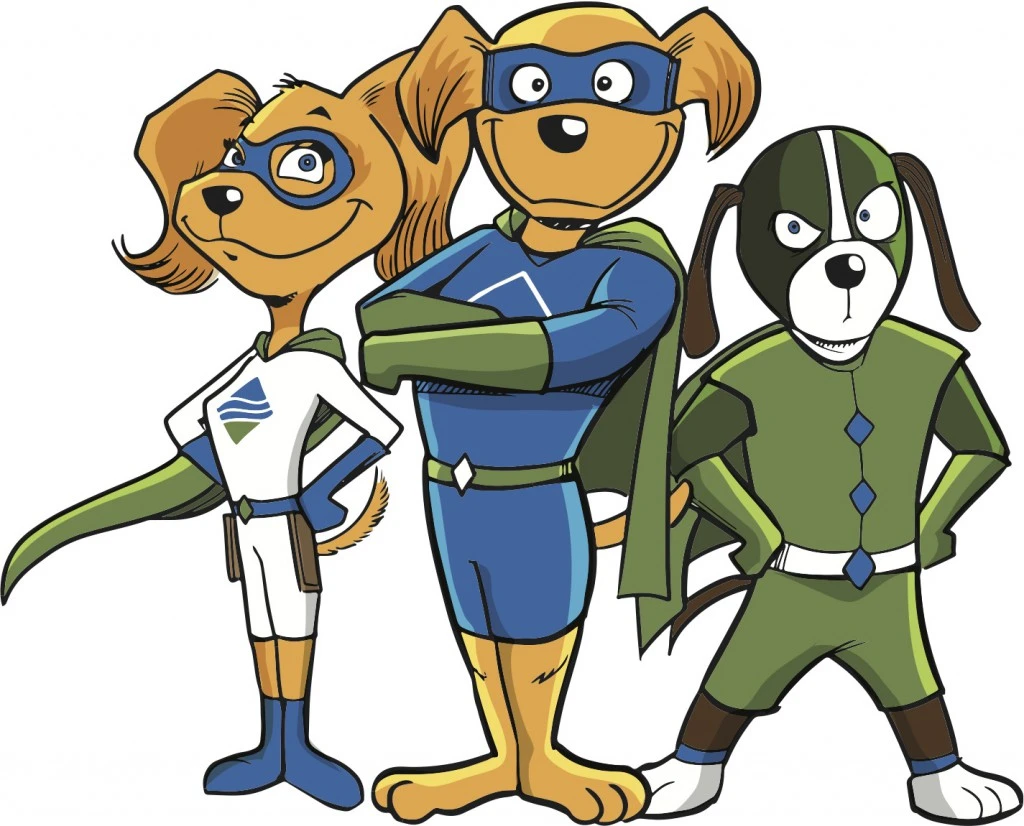 Illustration of three dogs in super hero costumes