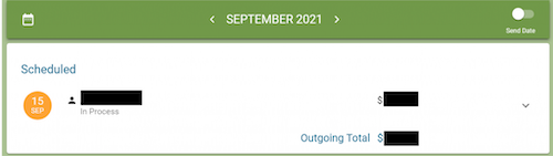 Example of screen showing date scheduled, and amount.
